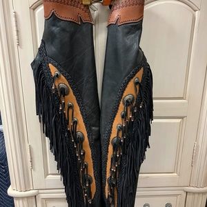 Leather Chaps with Tassels and Silver Escutcheons